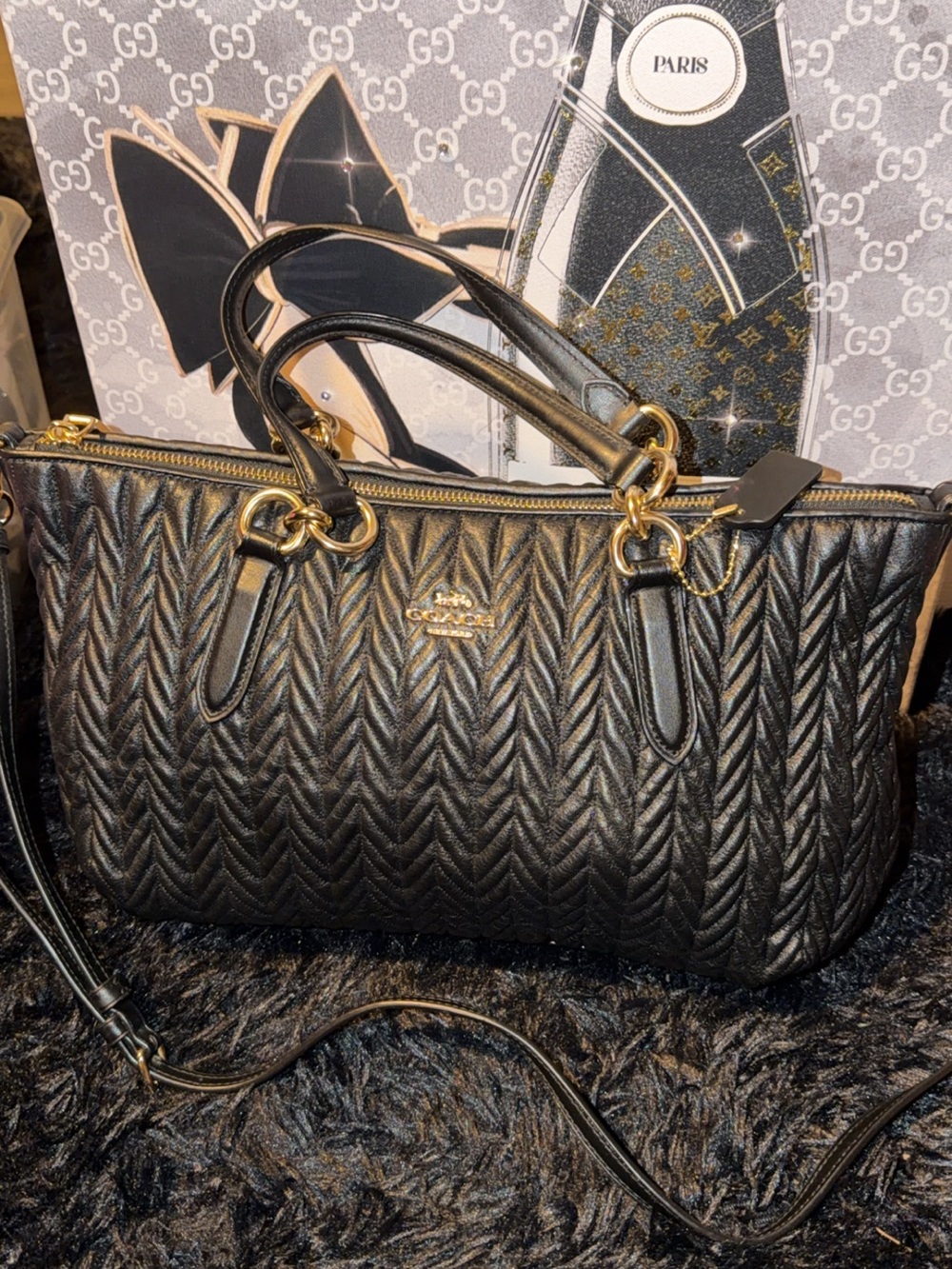 Coach Ally Black Quilted Leather Satchel with Gold Hardware